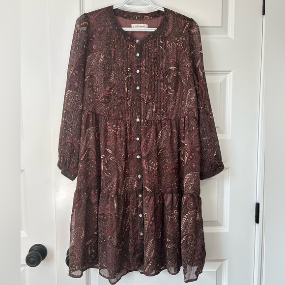 Lucky Brand Brown Long Sleeve Paisley Babydoll Dress - Picture 7 of 9